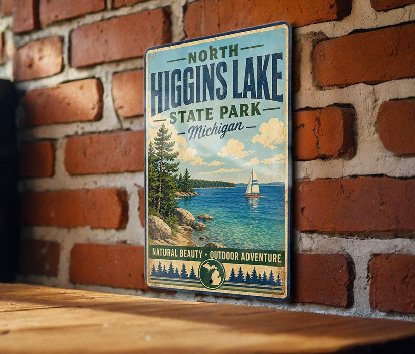 A vintage-style metal sign for North Higgins Lake State Park in Michigan, featuring a scenic image of the lake and surrounding landscape.