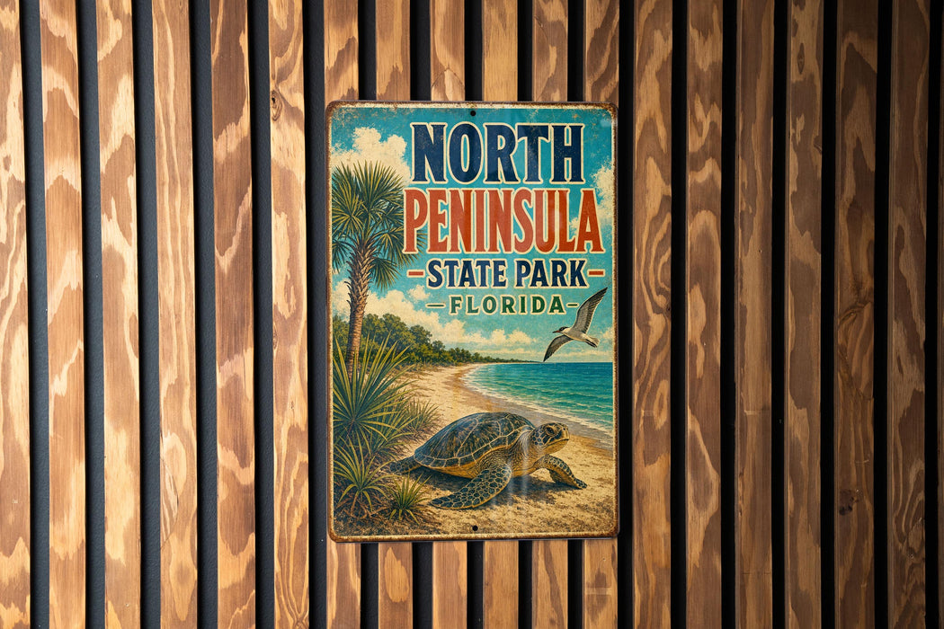 A vintage metal sign for North Peninsula State Park in Florida, featuring a beach scene with a turtle and palm trees.
