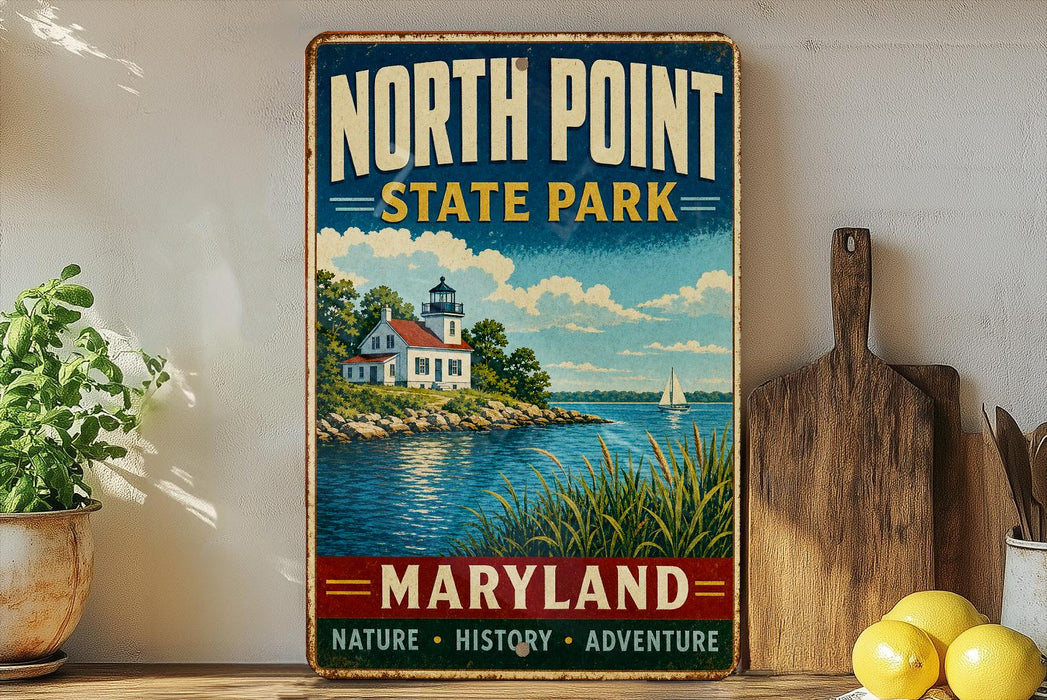 A vintage-style metal sign for North Point State Park in Maryland, featuring a lighthouse and a serene body of water.