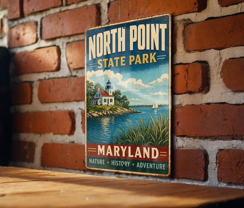 A vintage metal sign for North Point State Park in Maryland, featuring a scenic illustration of a lighthouse and a body of water.