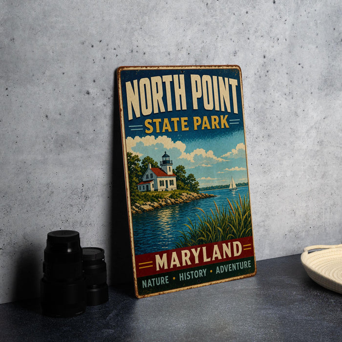 A vintage-style sign for North Point State Park in Maryland, featuring a lighthouse and a scenic waterfront landscape.