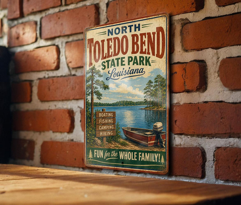 A vintage metal sign for North Toledo Bend State Park in Louisiana, featuring a scenic illustration of a lake, trees, and a boat.