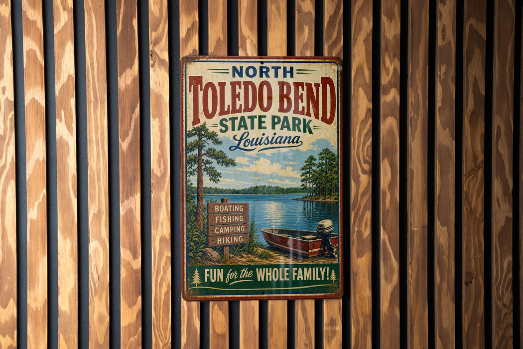 A vintage metal sign for North Toledo Bend State Park in Louisiana, featuring a scenic illustration of a lake, trees, and a boat.