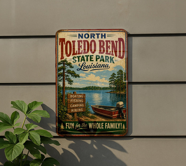 A vintage-style metal sign for North Toledo Bend State Park in Louisiana, featuring a scenic image of a lake, trees, and a boat.