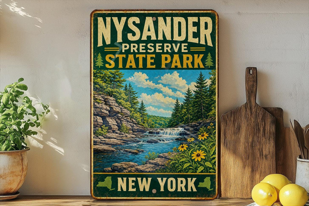 A vintage-style sign for the Nysander Preserve State Park in New York, featuring a scenic landscape with a waterfall and pine trees.