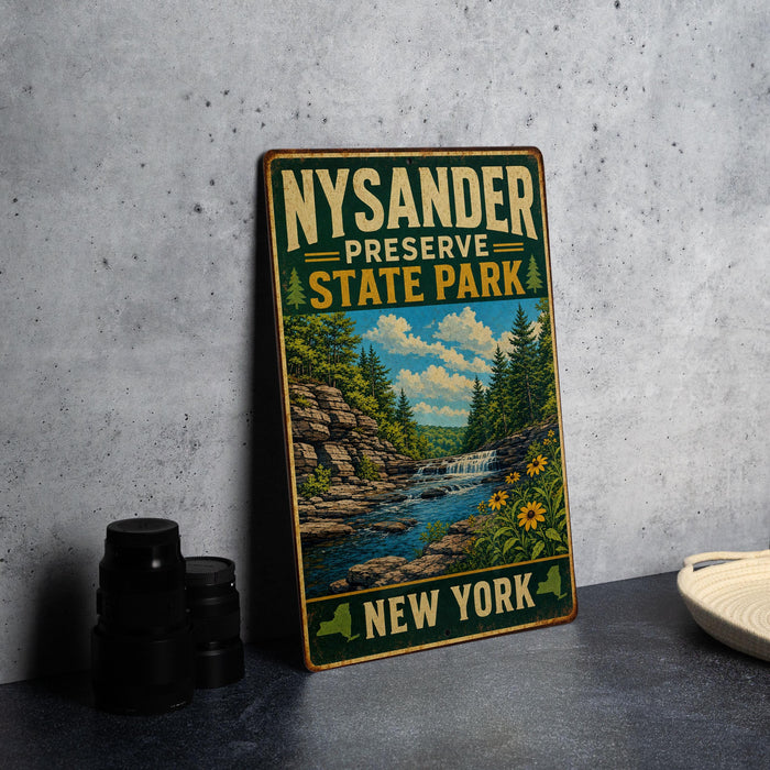 A vintage-style metal sign for Nysander Preserve State Park in New York, featuring a scenic landscape with a waterfall and forest.