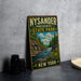 A vintage-style metal sign for Nysander Preserve State Park in New York, featuring a scenic landscape with a waterfall and forest.
