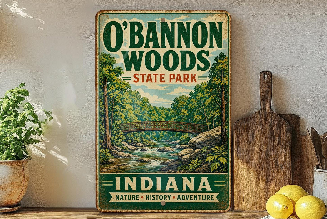A vintage-style sign for O'Bannon Woods State Park in Indiana, featuring a scenic illustration of a forest and a bridge.