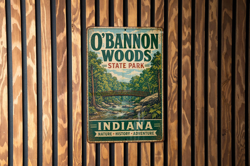 A vintage metal sign for O'Bannon Woods State Park in Indiana, featuring a scenic illustration of a forest and a bridge.