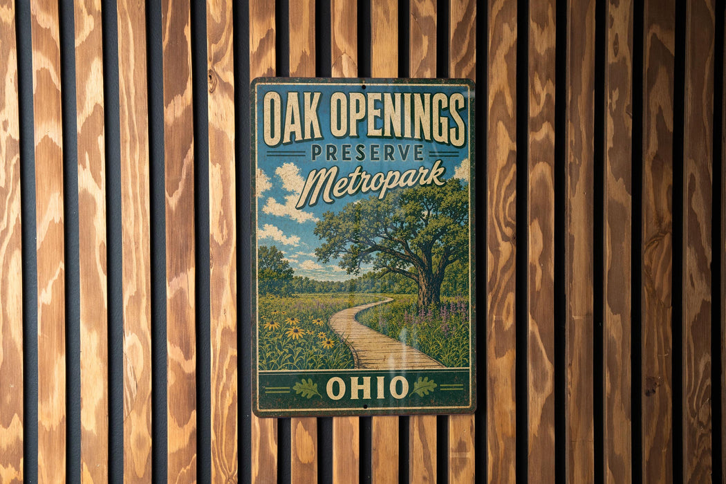 A vintage-style metal sign for Oak Openings Preserve Metropark in Ohio, featuring a scenic landscape with a winding path and trees.
