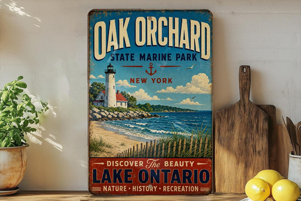A vintage-style sign for Oak Orchard State Marine Park in New York, featuring a lighthouse and a beach scene.