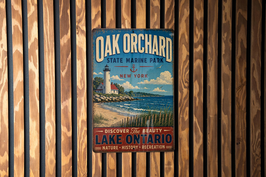 A vintage metal sign for Oak Orchard State Marine Park in New York, featuring a lighthouse and a beach scene.