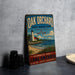 A vintage-style metal sign for Oak Orchard State Marine Park in New York, featuring a lighthouse and a beach scene.