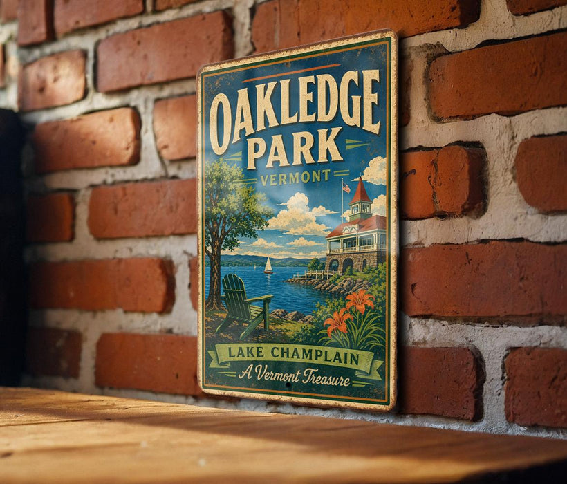 A vintage-style metal sign for Oakledge Park in Vermont, featuring a scenic image of the park with a lake, a building, and a boat.