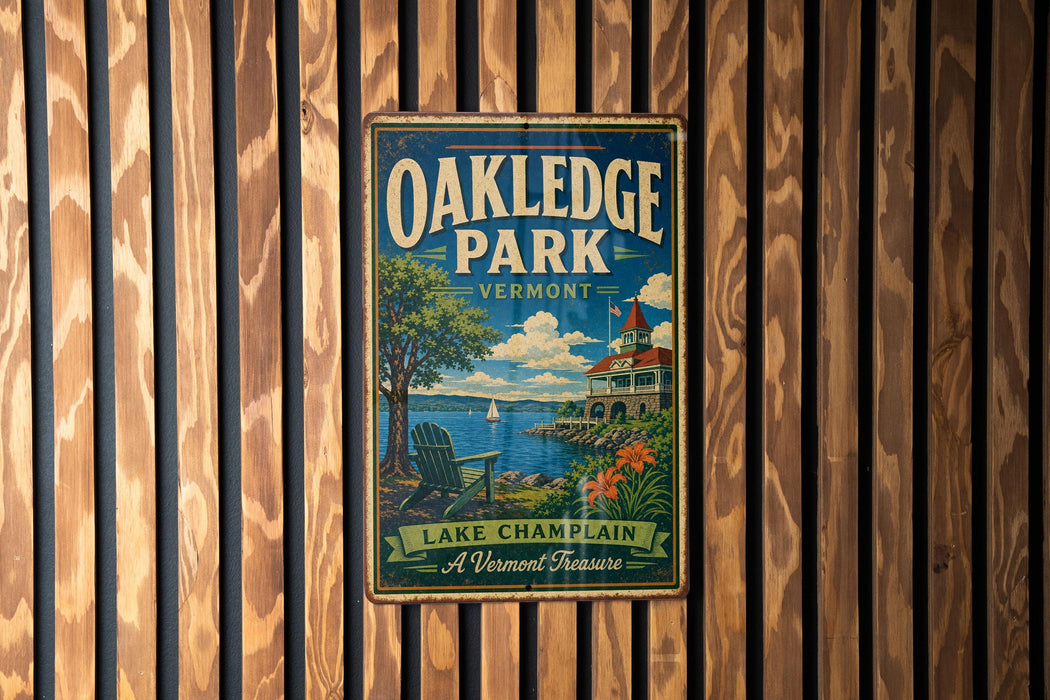 A vintage metal sign for Oakledge Park in Vermont, featuring a scenic illustration of the park with a lake, a building, and a boat.