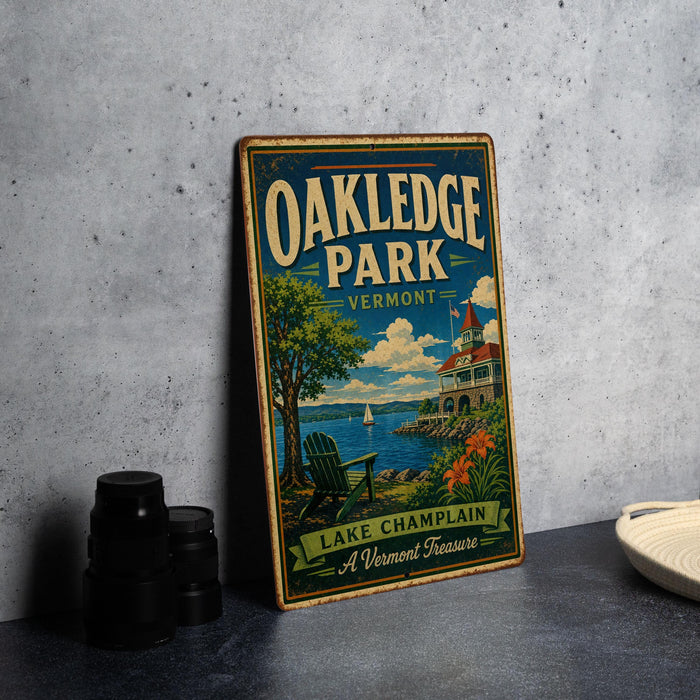 A vintage-style sign for Oakledge Park in Vermont, featuring a scenic image of the park with a lake, a lighthouse, and a building.