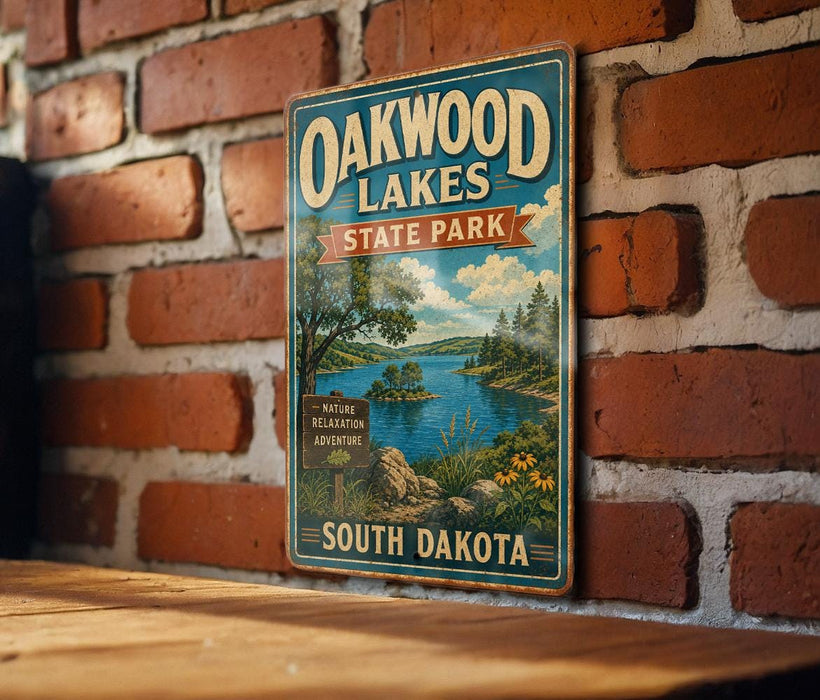 A vintage-style metal sign for Oakwood Lakes State Park in South Dakota, featuring a scenic illustration of the park's natural landscape.