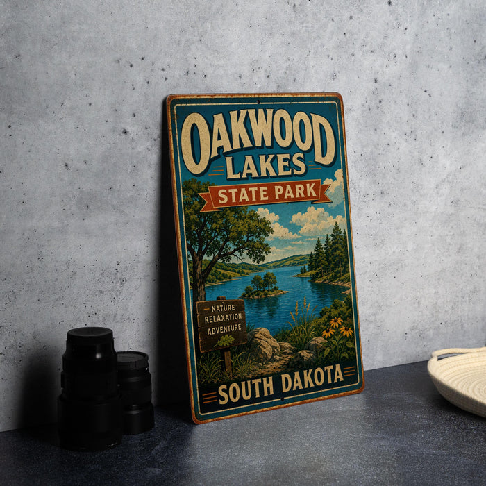 A vintage-style sign for Oakwood Lakes State Park in South Dakota, featuring a scenic landscape with a lake, trees, and mountains.