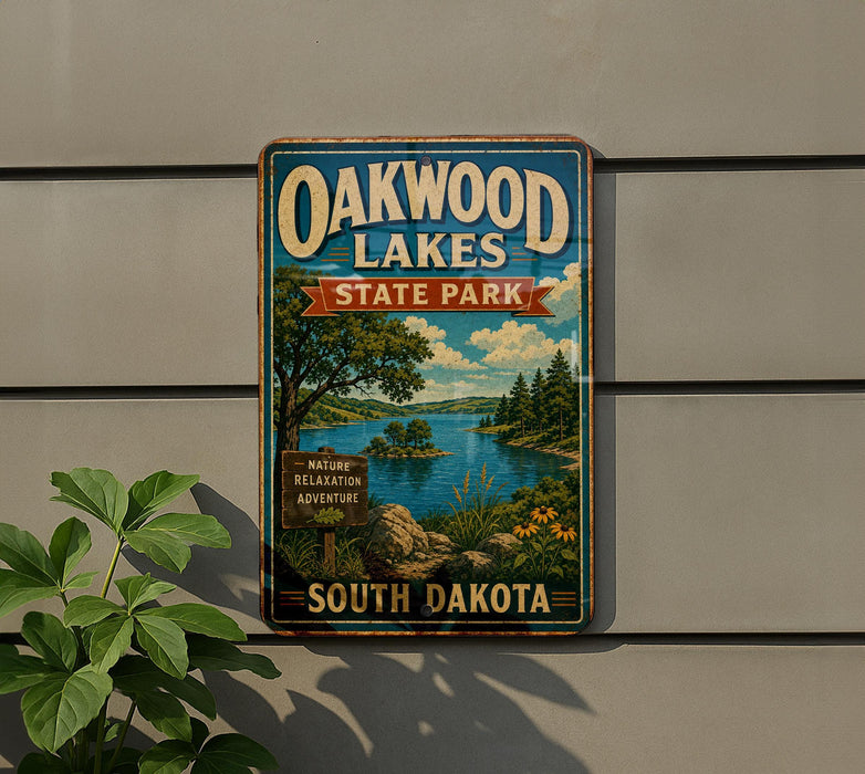 A vintage-style metal sign for Oakwood Lakes State Park in South Dakota, featuring a scenic landscape with a lake, trees, and mountains.