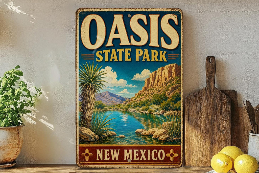 A vintage-style metal sign for Oasis State Park in New Mexico, featuring a scenic landscape with mountains, a river, and palm trees.