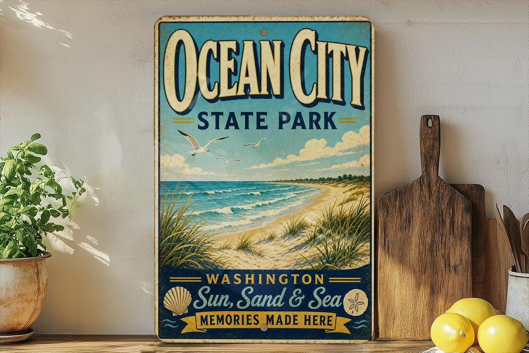 a vintage-style sign for Ocean City State Park, with a beach scene and seagulls in the background, along with a wooden paddle and a potted plant.