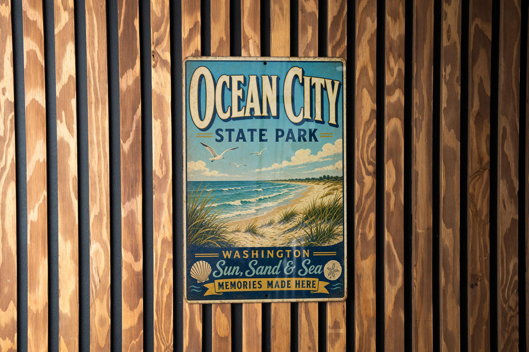 A vintage-style sign for Ocean City State Park, featuring a beach scene with a seagull and the text "Ocean City State Park" prominently displayed.