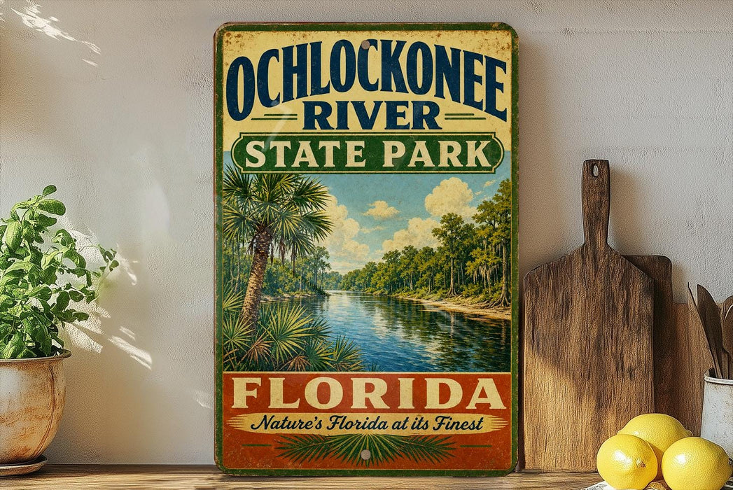 A vintage-style sign for Ochlockonee River State Park in Florida, featuring a tropical landscape with palm trees and a river.