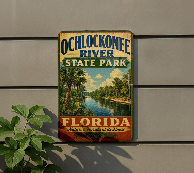 A vintage-style sign for Ochlockonee River State Park, featuring a scenic image of the river surrounded by palm trees and a cloudy sky.