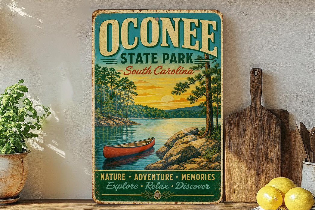 a vintage-style sign for Oconee State Park, South Carolina, with a scenic illustration of a lake, trees, and a canoe. The sign also includes the words "Nature, Adventure, Memories, Explore, Relax, Discover" in a green and yellow color scheme.
