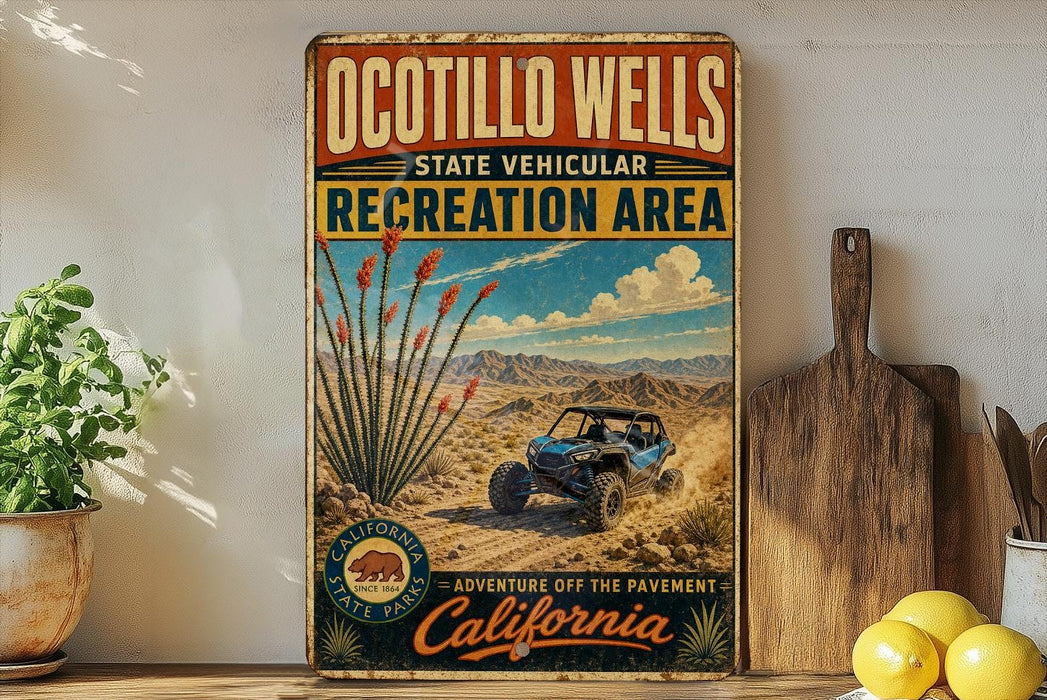 a vintage-style sign for the Ocotillo Wells State Vehicular Recreation Area, with a desert landscape and a blue off-road vehicle in the center.