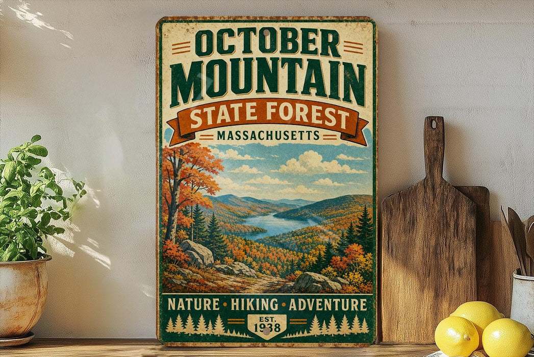 a vintage-style sign for the October Mountain State Forest in Massachusetts, with a scenic mountain landscape and a wooden cutting board in the foreground.