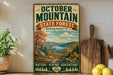 a vintage-style sign for the October Mountain State Forest in Massachusetts, with a scenic mountain landscape and a wooden cutting board in the foreground.