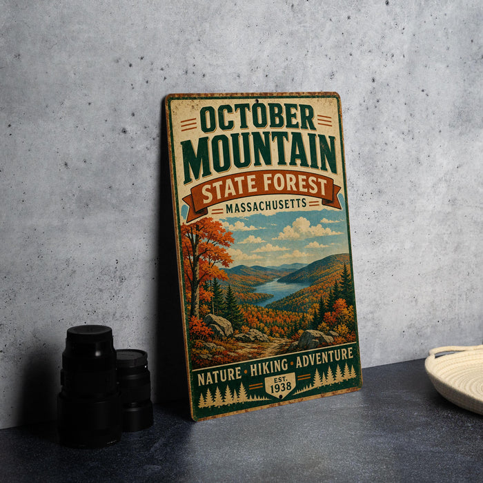 A vintage metal sign for October Mountain State Forest in Massachusetts, featuring a scenic landscape with autumn foliage and a lake.