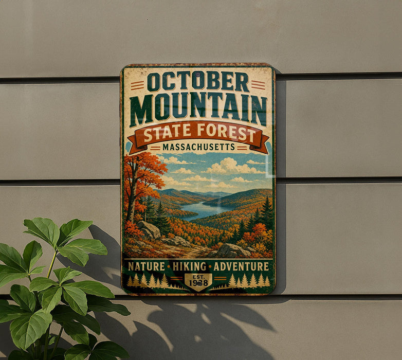 A vintage metal sign advertising October Mountain State Forest in Massachusetts, featuring a scenic landscape with mountains, trees, and a lake.