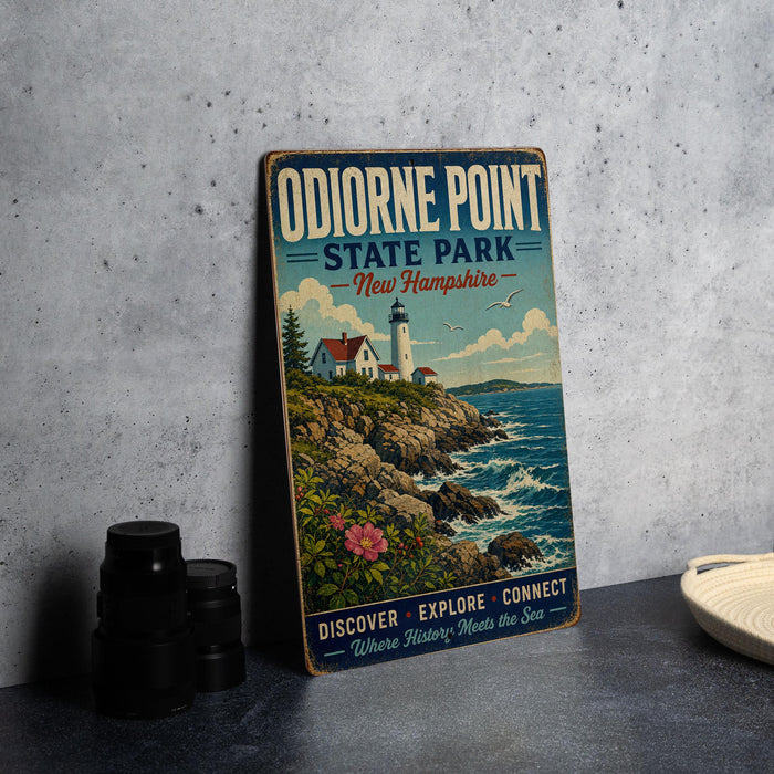 A vintage-style sign for Odionne Point State Park in New Hampshire, featuring a lighthouse and a coastal landscape.