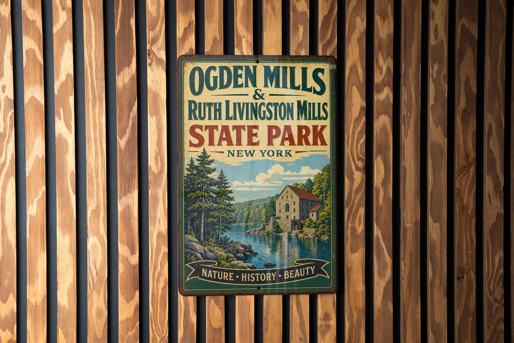 A vintage-style metal sign for Oden Mills & Ruth Livingston Mills State Park in New York, featuring a scenic illustration of a river and a building.