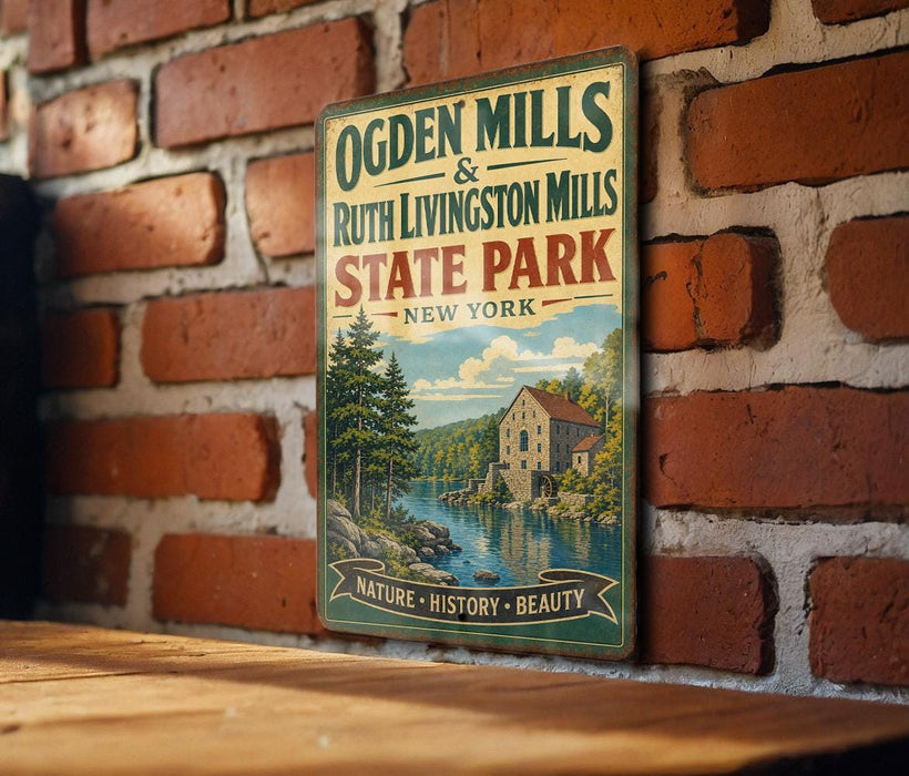 A vintage-style metal sign with text and an illustration of a scenic landscape, mounted on a brick wall.