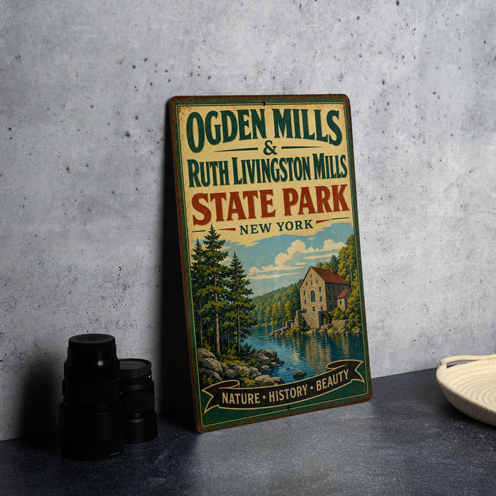 A vintage-style metal sign forOGDEN MILLS & RUTH LIVINGSTON MILLS STATE PARK, NEW YORK, with a scenic illustration of a river and a building.