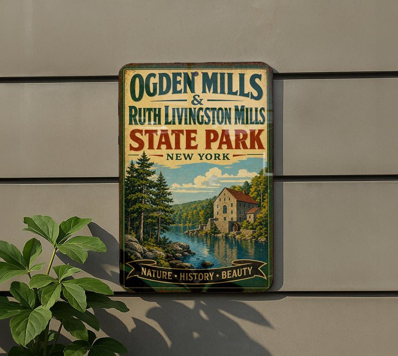 A vintage-style sign for Ogden Mills & Ruth Livingston Mills State Park in New York, featuring a scenic image of a river and a building.