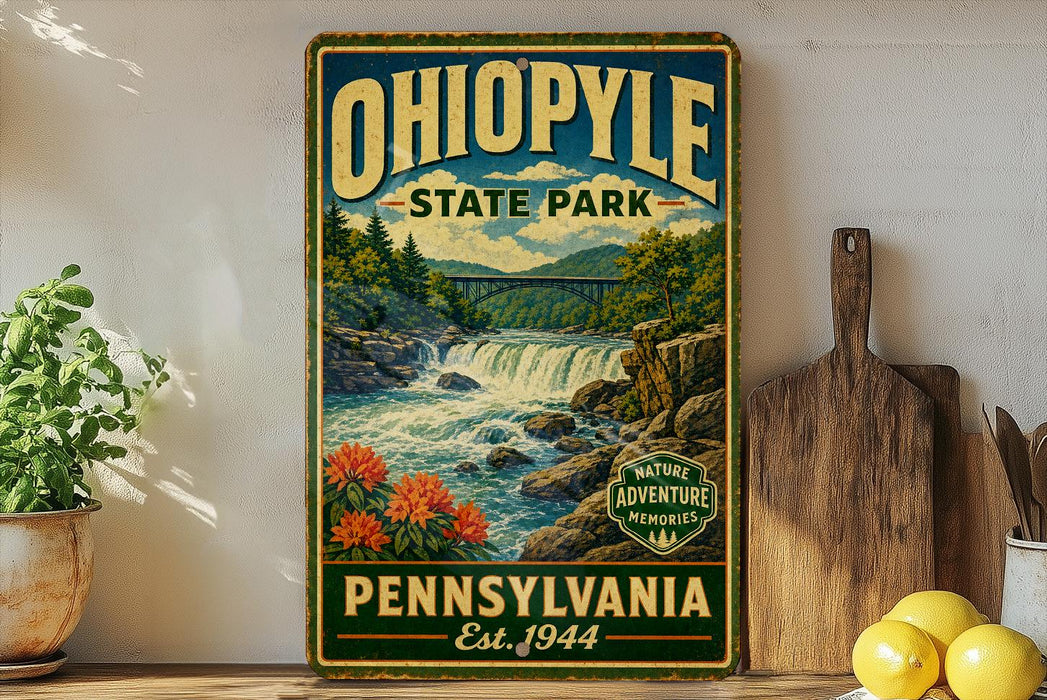 A vintage-style poster of Ohio State Park, featuring a scenic landscape with a waterfall and mountains, is displayed on a wall next to a wooden cutting board and some potted plants.