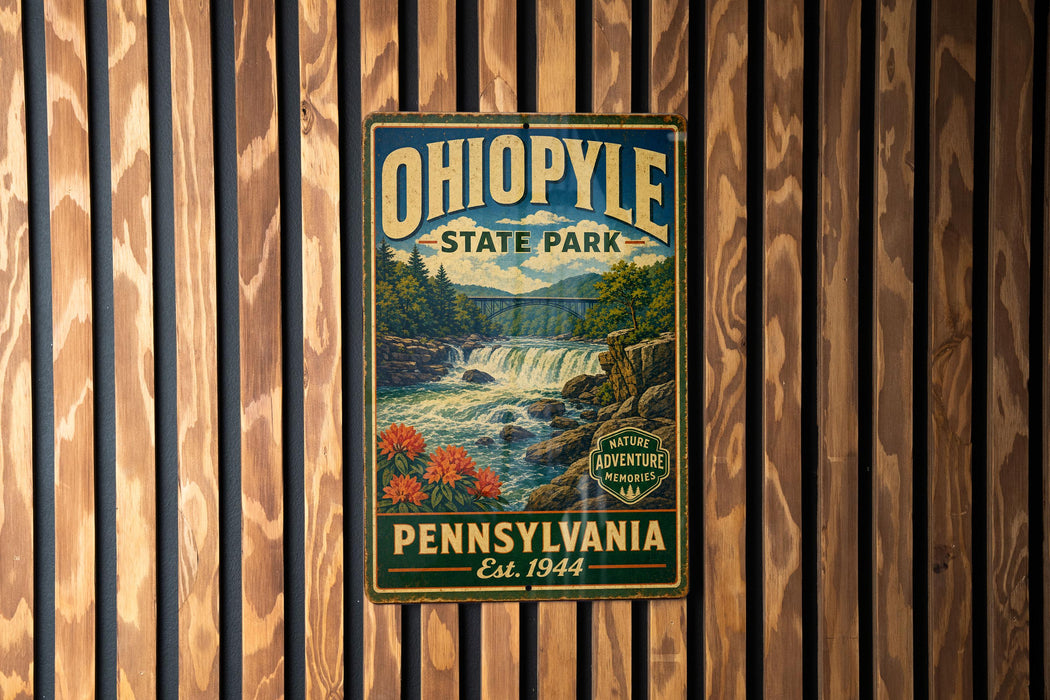A vintage-style metal sign for Ohio State Park, featuring a waterfall and forest scenery, is displayed on a wooden wall.