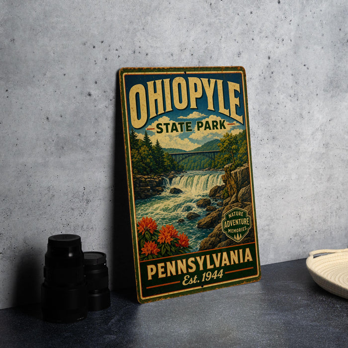 A vintage-style metal sign for Ohio State Park, featuring a scenic illustration of a waterfall and forest, is displayed on a gray countertop next to some black camera lenses.