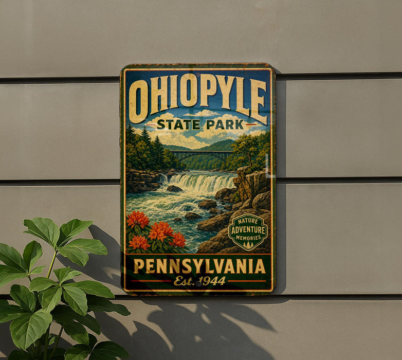 A vintage-style metal sign for Ohio State Park, featuring a scenic landscape with a waterfall and mountains, mounted on a wall.