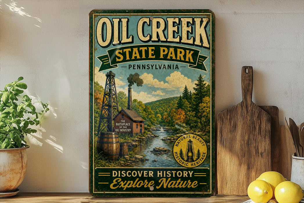 a vintage-style sign for Oil Creek State Park in Pennsylvania, with a scenic illustration of a river, a steam engine, and a wooden building. The sign is displayed on a shelf next to a wooden cutting board and a potted plant.