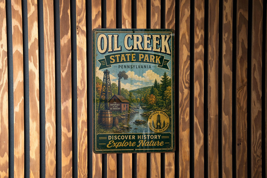 A vintage-style metal sign for Oil Creek State Park in Pennsylvania, featuring a scenic illustration of a river, a mill, and a forest.