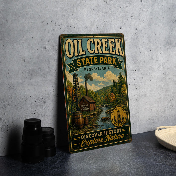 a vintage-style metal sign for Oil Creek State Park in Pennsylvania, with a scenic illustration of a river, trees, and a steam tower.
