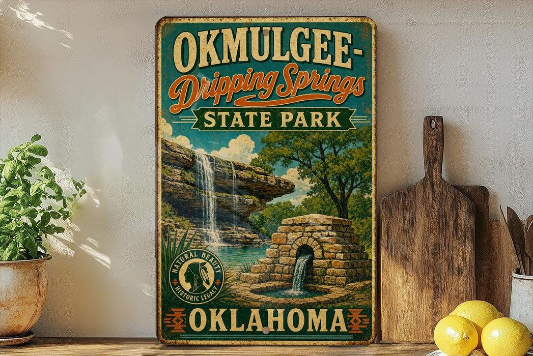 A vintage-style sign for Okmulgee-Drip Springs State Park in Oklahoma, featuring a waterfall and a stone structure.