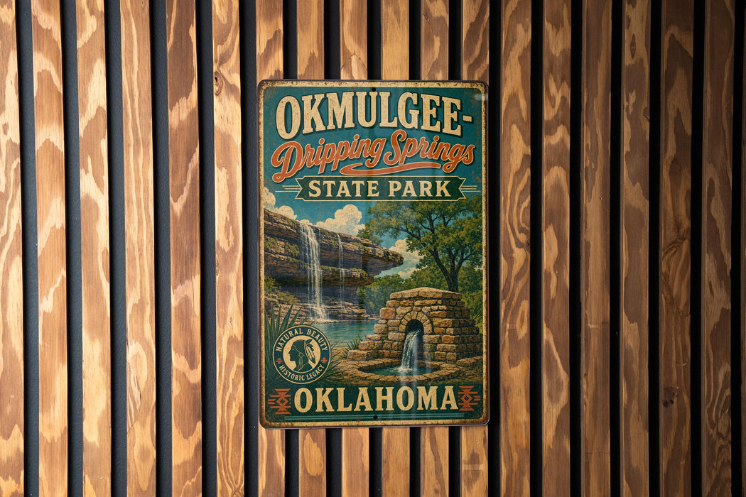 A vintage-style metal sign for Okmulgee-Drip Springs State Park in Oklahoma, featuring a waterfall and a stone structure.