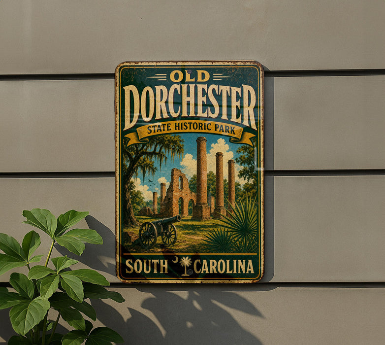 A vintage-style metal sign for Old Dorchester State Historic Park in South Carolina, featuring an illustration of a historical site with palm trees and a cannon.
