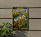 A vintage-style metal sign for Old Dorchester State Historic Park in South Carolina, featuring an illustration of a historical site with palm trees and a cannon.